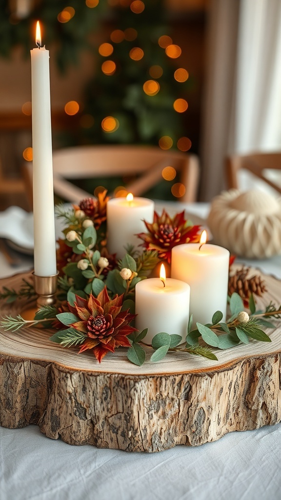 A winter centerpiece featuring candles and flowers on a natural wood slice.