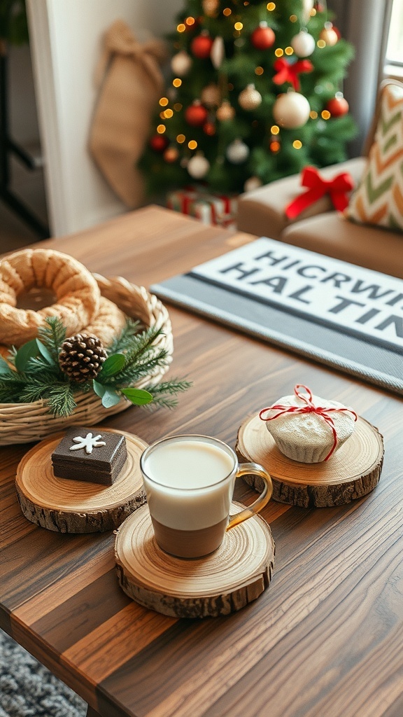 Natural wood slice coasters with a cup of drink and baked goods on a table decorated for Christmas.