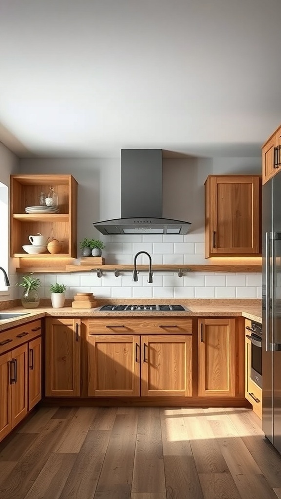 Rustic kitchen with natural wood stained cabinets and modern appliances.