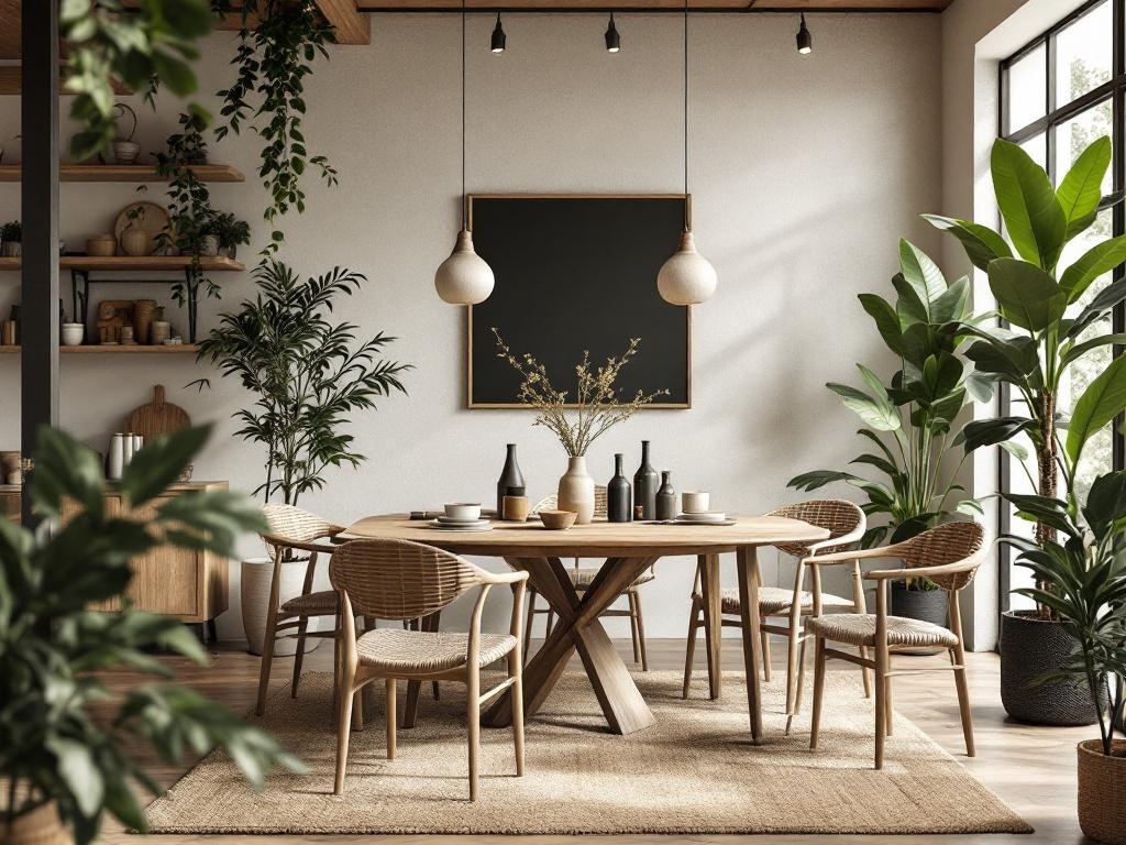 A cozy dining area featuring natural wood tones, a round wooden table, woven chairs, and lush green plants.