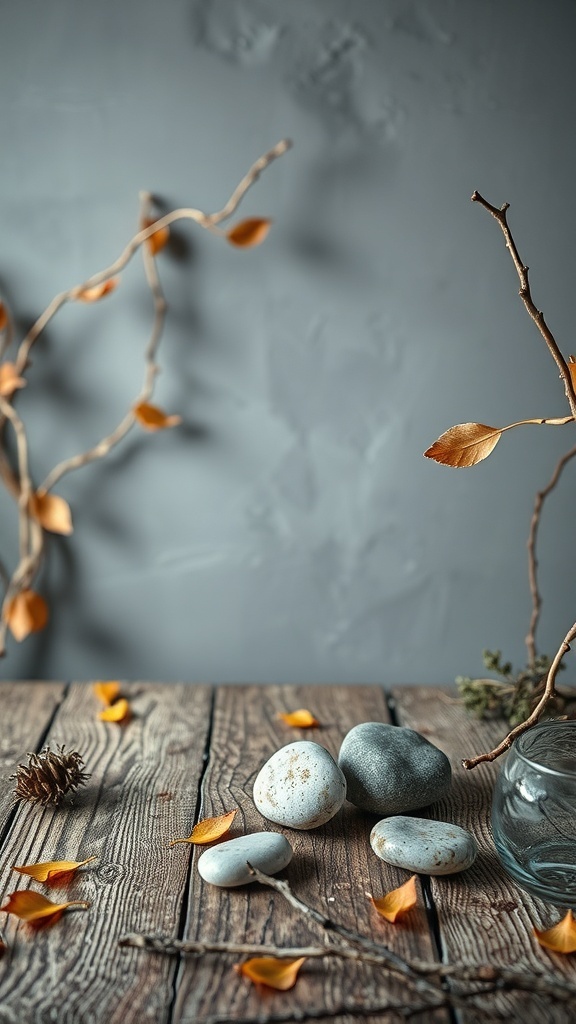 A rustic table setting with stones, twigs, and autumn leaves.