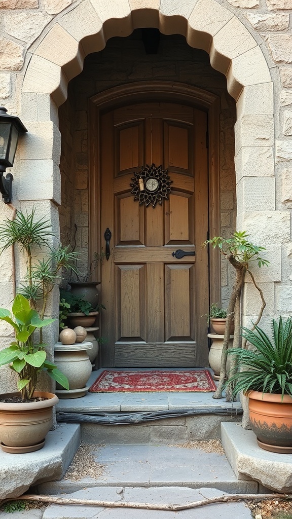 A rustic entryway featuring a wooden door, potted plants, and a decorative rug.