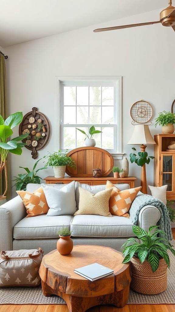 A cozy farmhouse living room with plants, wooden furniture, and decorative pillows.