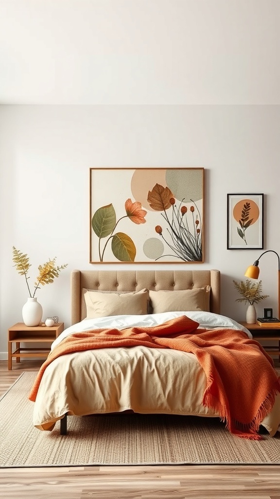 A warm modern bedroom featuring nature-inspired art with floral designs.