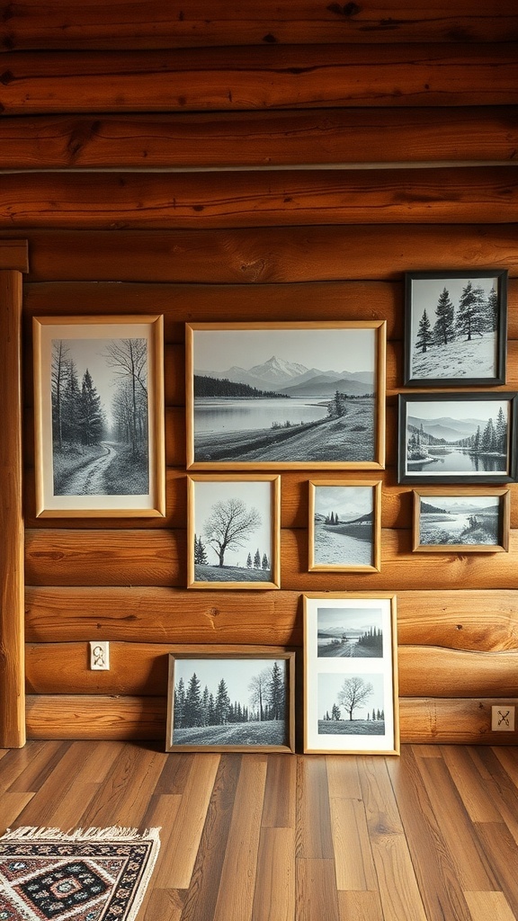 A collection of black-and-white nature photographs framed and displayed on a wooden wall in a cozy cabin.