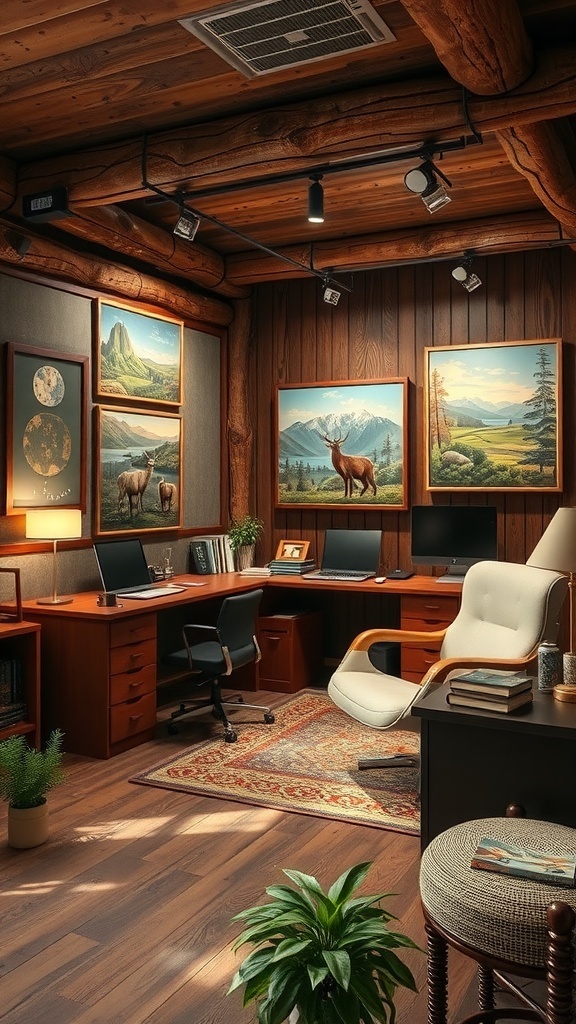 A rustic office featuring nature-inspired artwork on the walls, wooden furniture, and a cozy atmosphere.