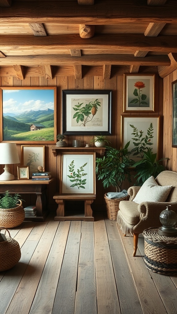 A cozy rustic room with nature-inspired artwork on the walls, featuring botanical prints and a scenic landscape.