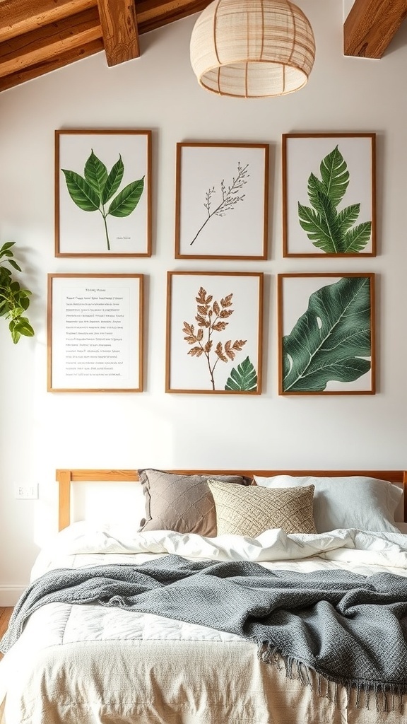 A rustic modern bedroom featuring nature-inspired artwork with framed botanical prints on the wall.