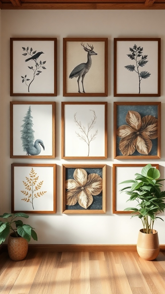 A collection of nature-inspired artwork featuring plants and animals in wooden frames.