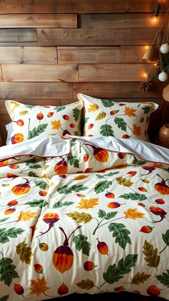 A cozy bed with nature-inspired bedding featuring leaves and acorns on a wooden background.