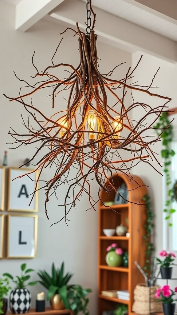 A rustic branch chandelier made of intertwined twigs with warm light bulbs.