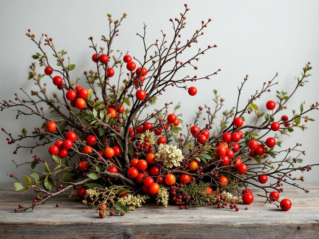 A nature-inspired Thanksgiving table centerpiece featuring red berries, twigs, and greenery.