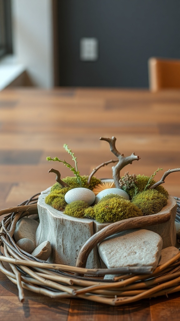 A nature-inspired centerpiece featuring moss, stones, and branches arranged in a rustic wooden container.