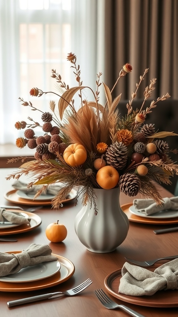 A modern fall centerpiece featuring dried flowers, pinecones, and mini pumpkins in a sleek vase on a dining table.