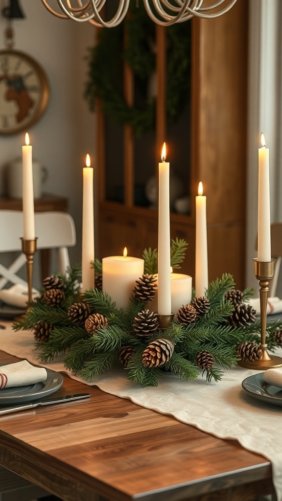 A cozy winter centerpiece featuring candles, pine branches, and pinecones.