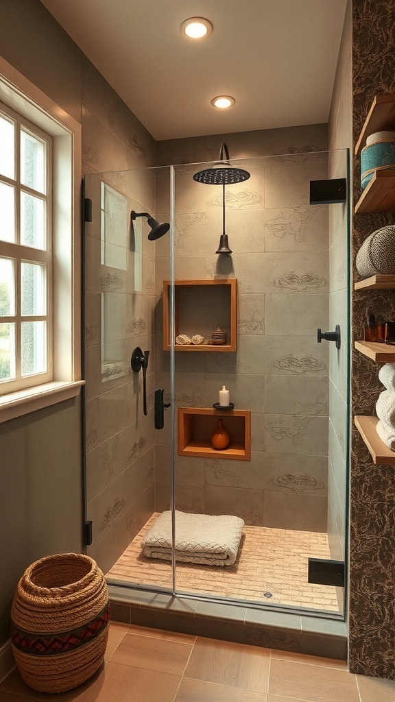 Rustic walk-in shower with earthy tones and plants.