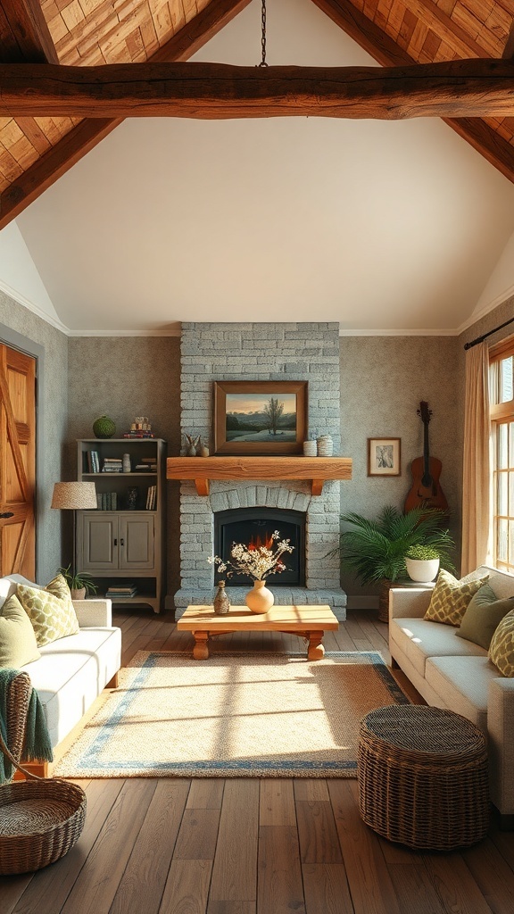 A rustic living room featuring a stone fireplace, wooden beams, and natural colors.