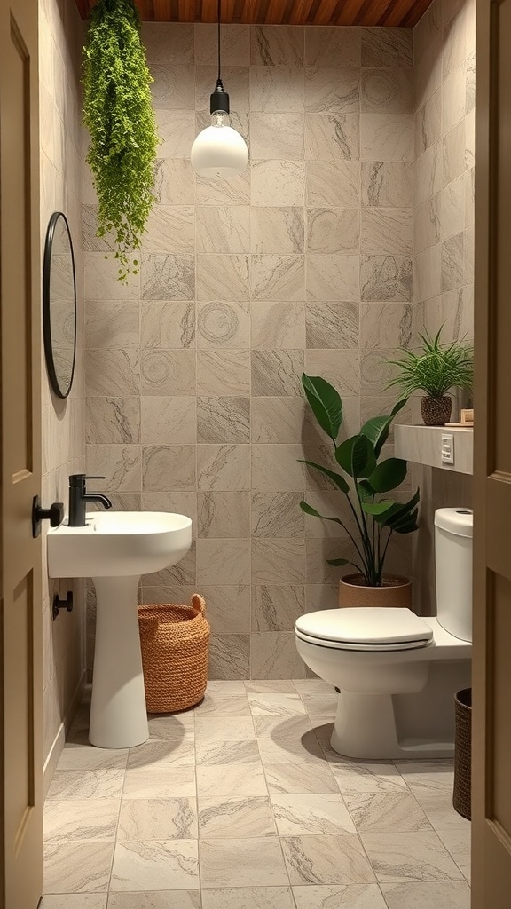 A small rustic bathroom featuring a nature-inspired color palette with earthy tones and plants.