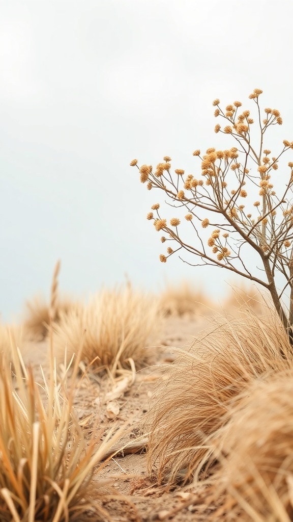 A close-up of dried grasses and a small flowering plant against a light background.