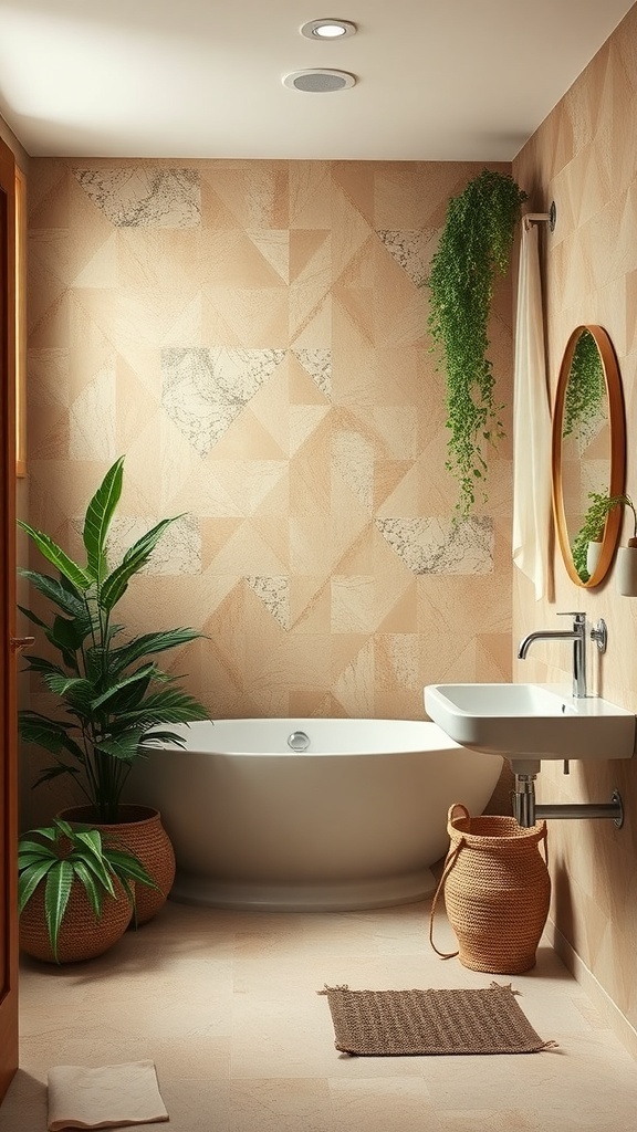 A rustic bathroom featuring earthy tones, plants, and natural textures.