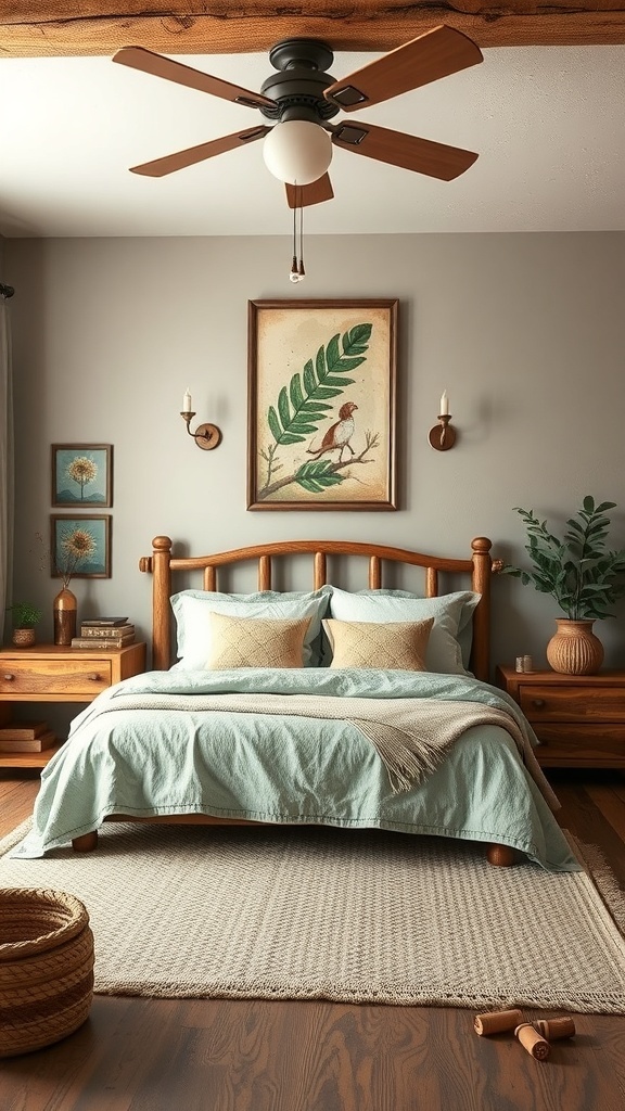 A rustic bedroom featuring a wooden bed, soft green bedding, and nature-inspired decor.