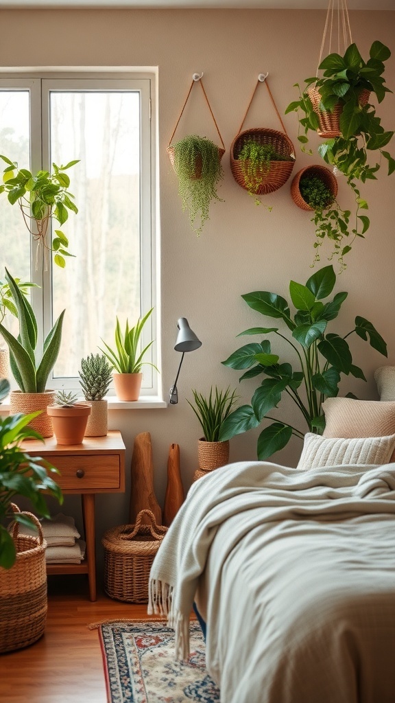 A cozy bedroom corner with plants, soft blankets, and natural light.