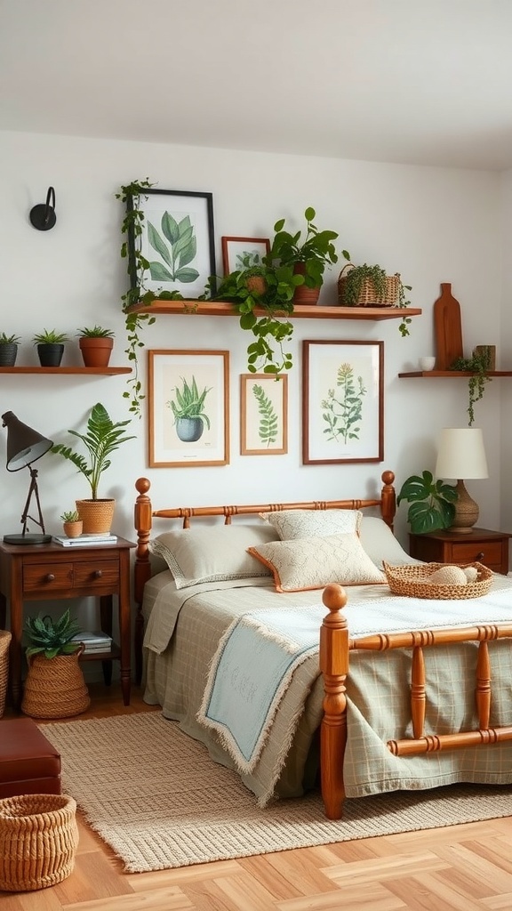 A rustic bedroom featuring wooden furniture, plants, and nature-themed artwork.