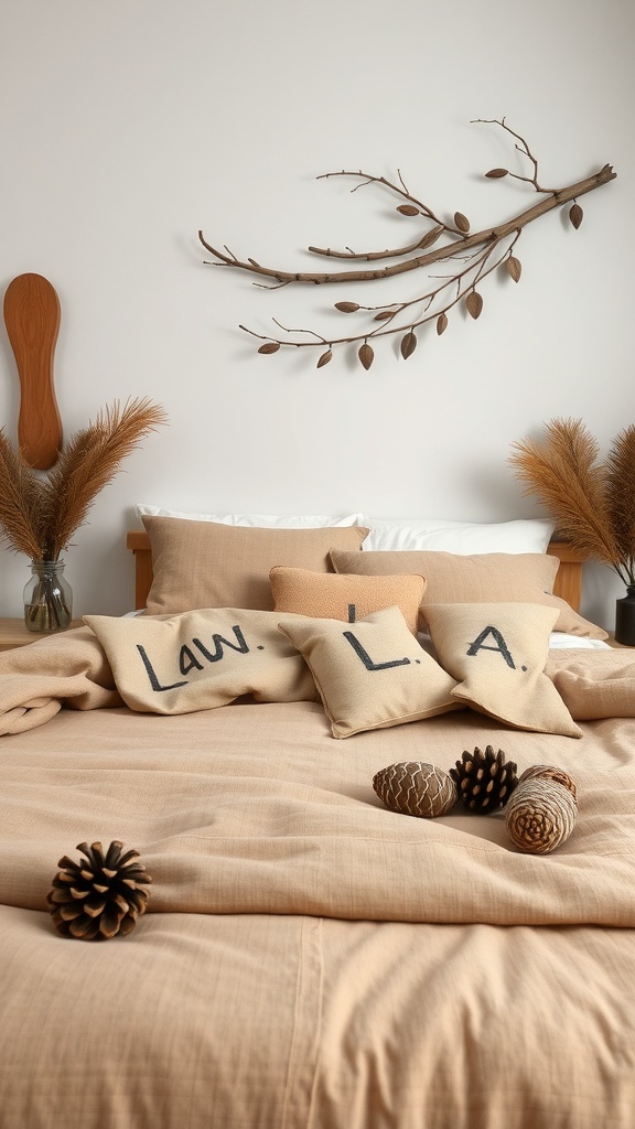 A cozy fall-themed bedroom featuring earthy tones, branch wall art, pampas grass, and pinecones.