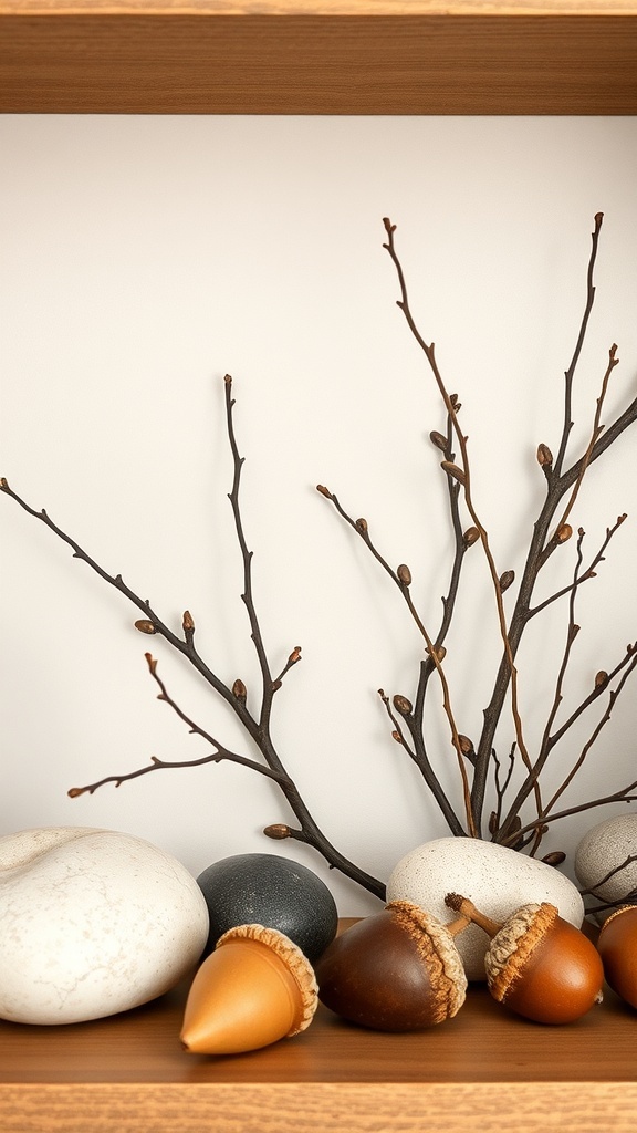 A decorative arrangement featuring smooth stones, acorns, and branches on a wooden shelf.