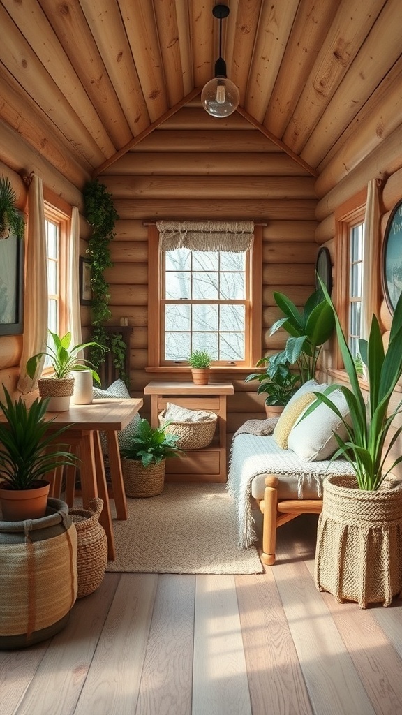 Interior of a tiny cabin with wooden walls, plants, and natural decor.