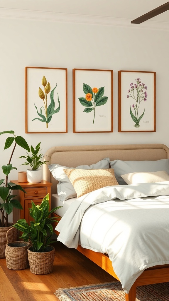 A modern farmhouse bedroom featuring botanical prints and potted plants.