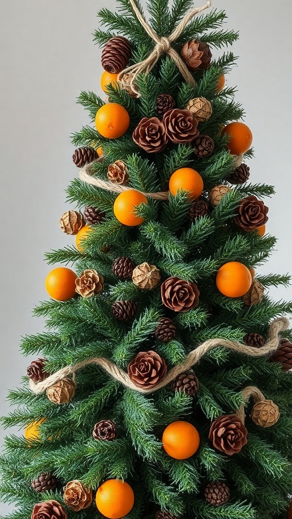 A Christmas tree decorated with oranges, pine cones, and twine.