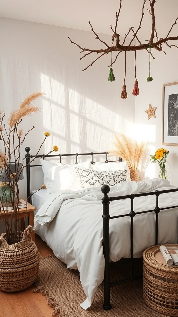 A cozy cottagecore bedroom with natural decor elements like dried flowers and a branch chandelier.