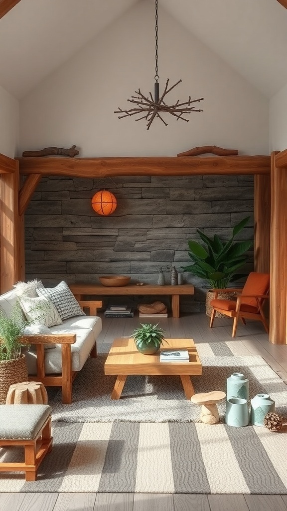 A cozy rustic living room with wooden furniture, plants, and natural decor.