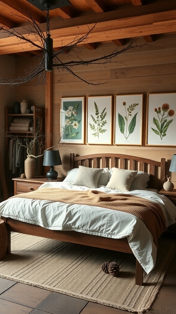A rustic bedroom with wooden furniture, botanical prints, and natural textures.