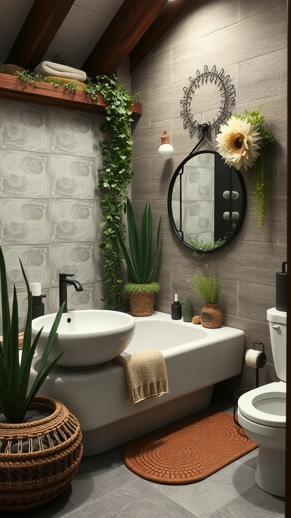A rustic bathroom featuring plants, natural materials, and earthy colors.