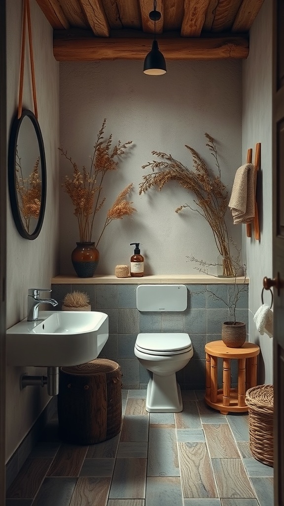 A rustic farmhouse bathroom featuring natural decor elements like dried flowers and wooden accents.