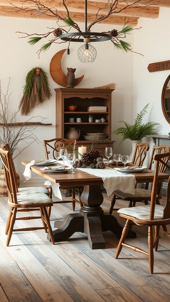 A rustic dining area featuring a wooden table, chairs, and nature-inspired decor.
