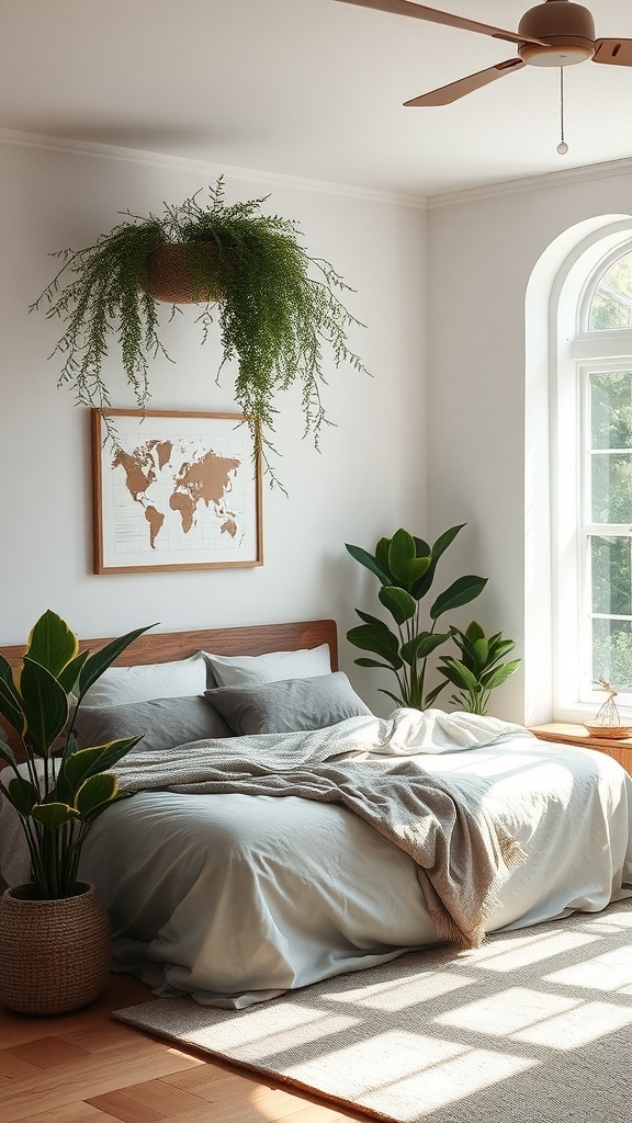 A cozy bedroom featuring plants, a wooden bed frame, and soft textiles.