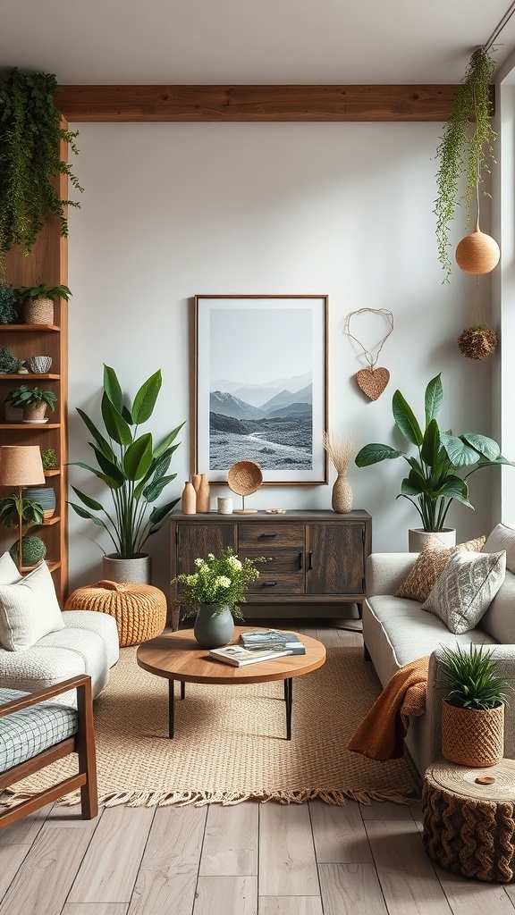 A cozy living room with plants, natural materials, and earthy colors.