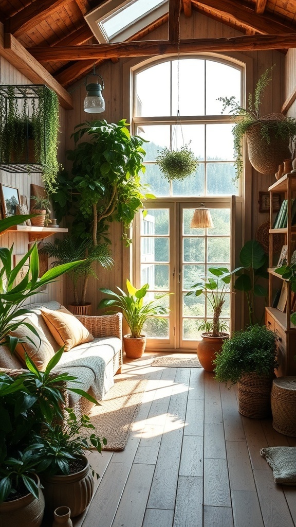 A rustic room filled with plants and natural light, featuring wooden elements and a cozy sofa.