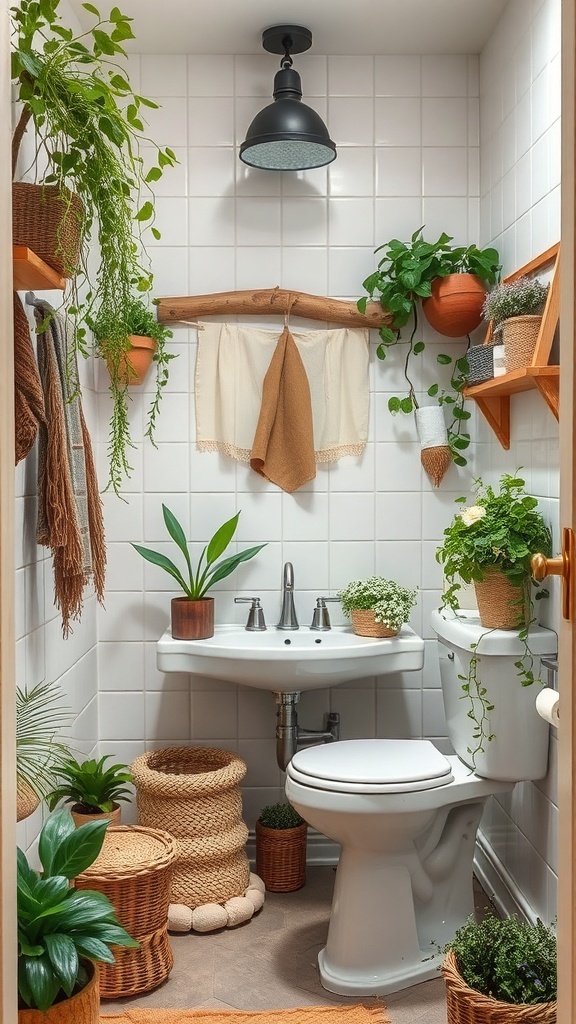 A rustic small bathroom decorated with plants and natural materials.