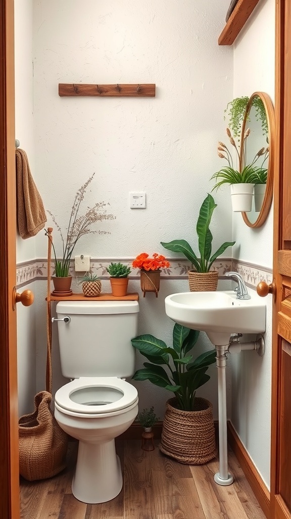 A small rustic bathroom featuring potted plants, wooden accents, and a cozy atmosphere.