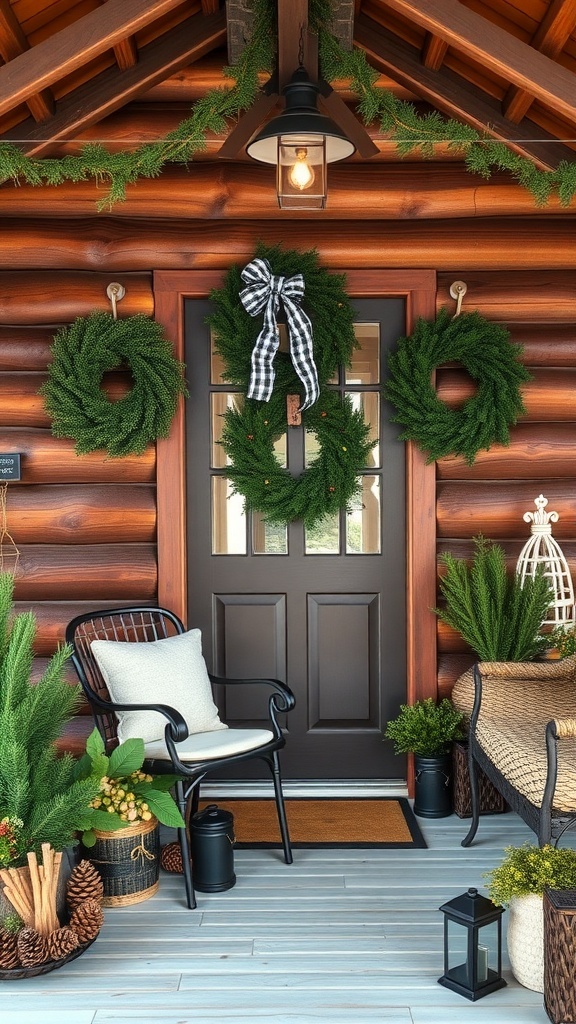 Cozy winter cabin entrance with wreaths and greenery