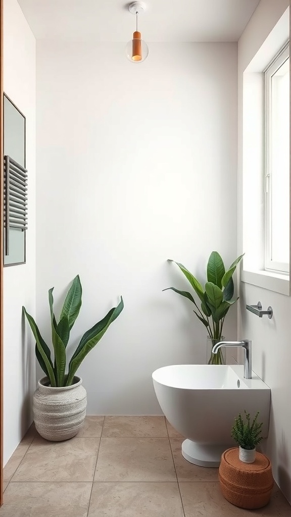 A minimalist bathroom featuring a white tub, plants, and natural light.