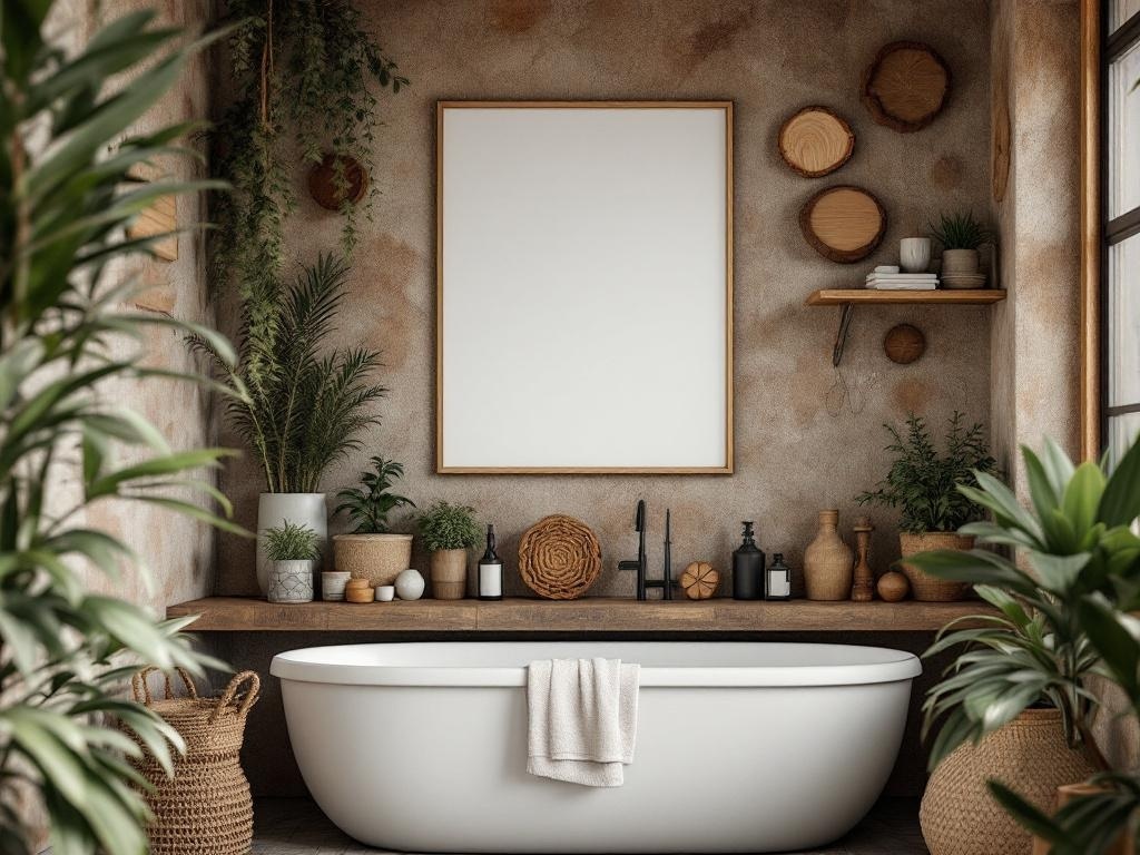 A rustic bathroom featuring a white bathtub, wooden shelves, and various plants.