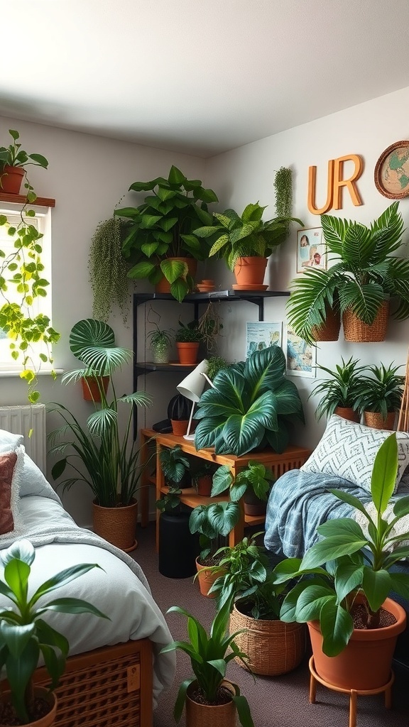 A dorm room filled with various plants, showcasing a cozy and nature-inspired decor.