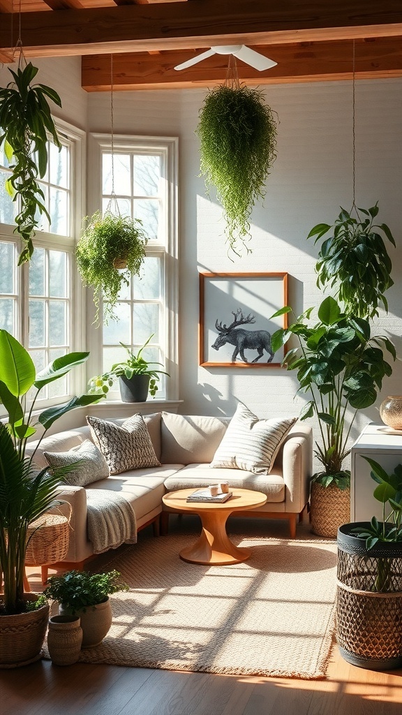 A contemporary living room filled with various indoor plants, featuring a cozy sofa and natural light.