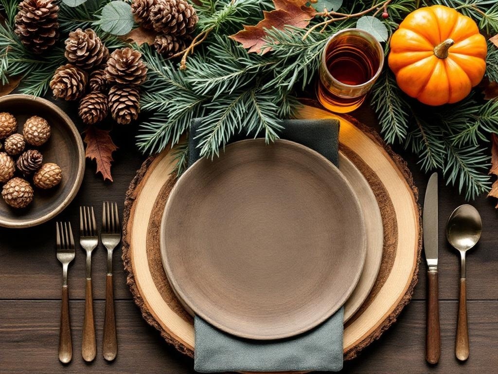 Thanksgiving table setting with natural elements like pinecones, leaves, and a pumpkin.