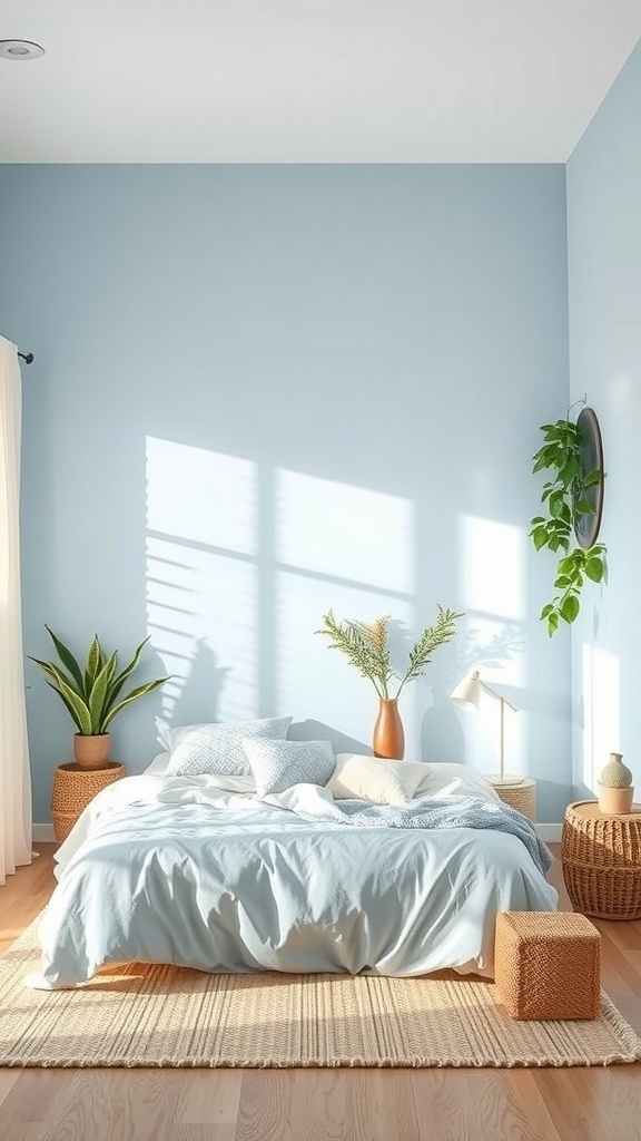A light blue bedroom featuring plants, a cozy bed, and natural decor elements.